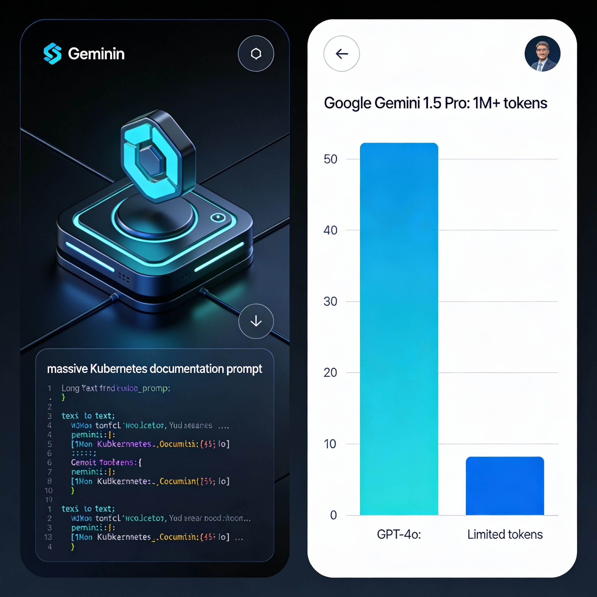 comparison chart of Gemini 1.5 Pro 1 million token window versus GPT-4o token limit for large context processing