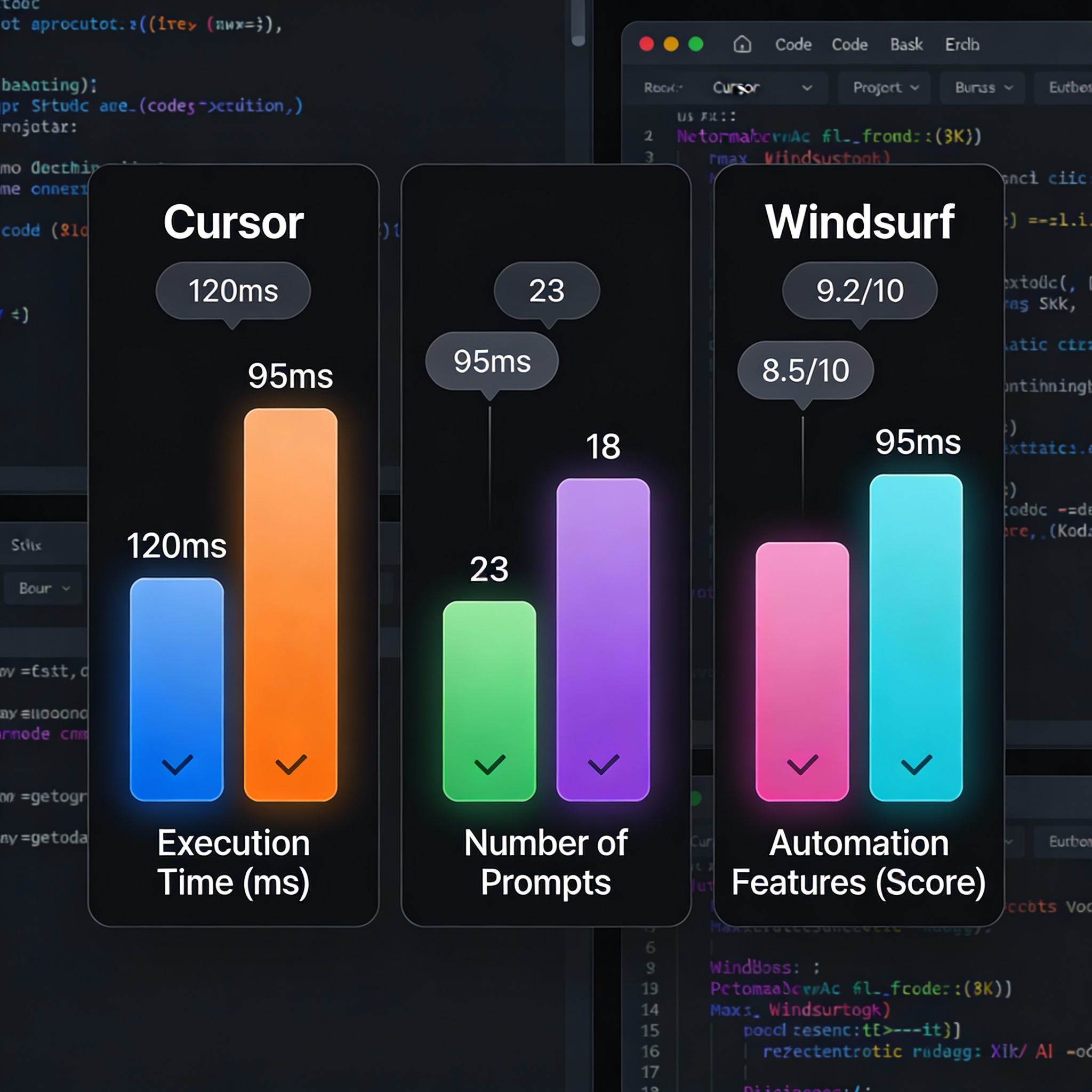Performance benchmark comparison chart of Cursor vs Windsurf AI code editors showing speed, prompt count, and automation metrics