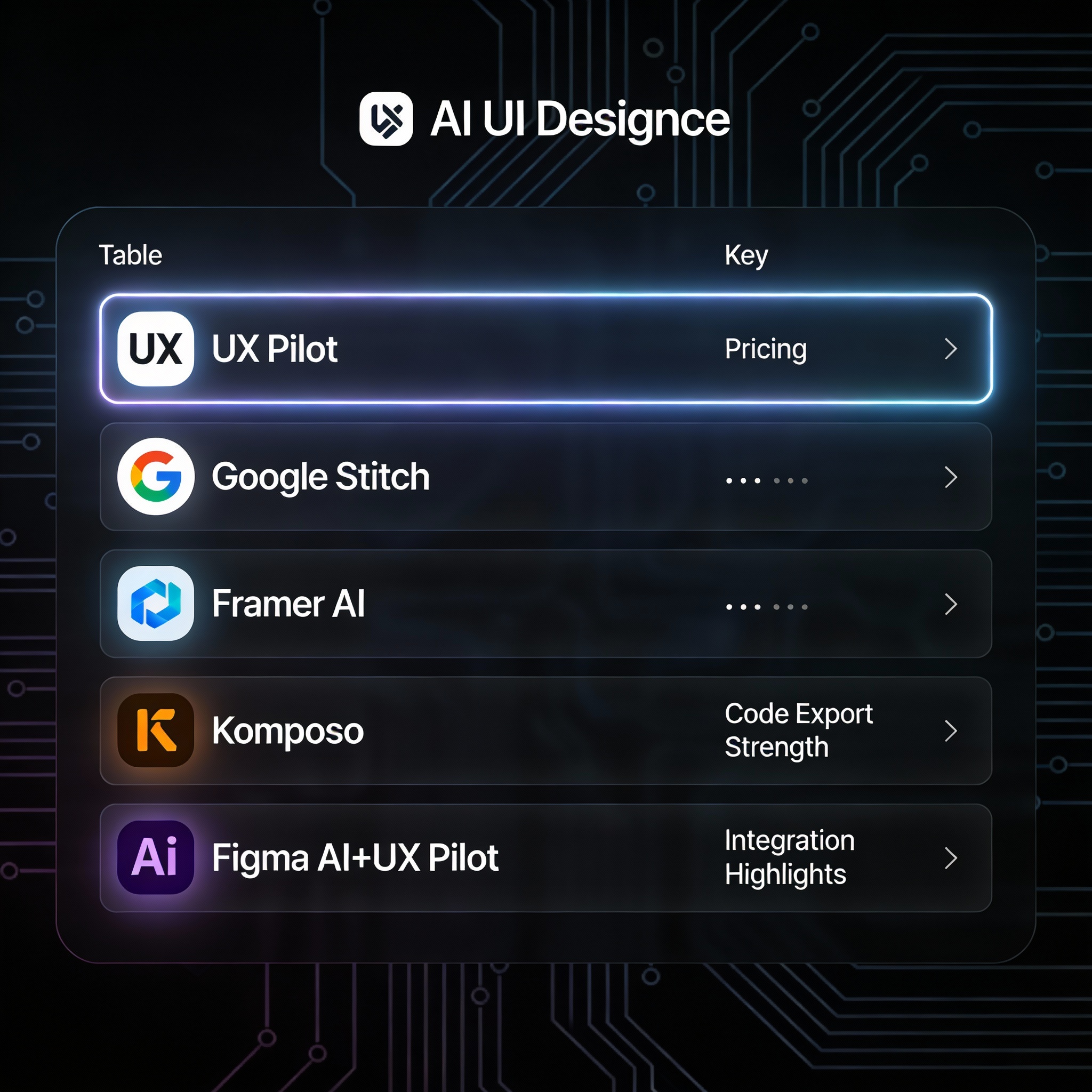 Comparison dashboard illustration of top AI UI design tools with features, pricing, and integration highlights