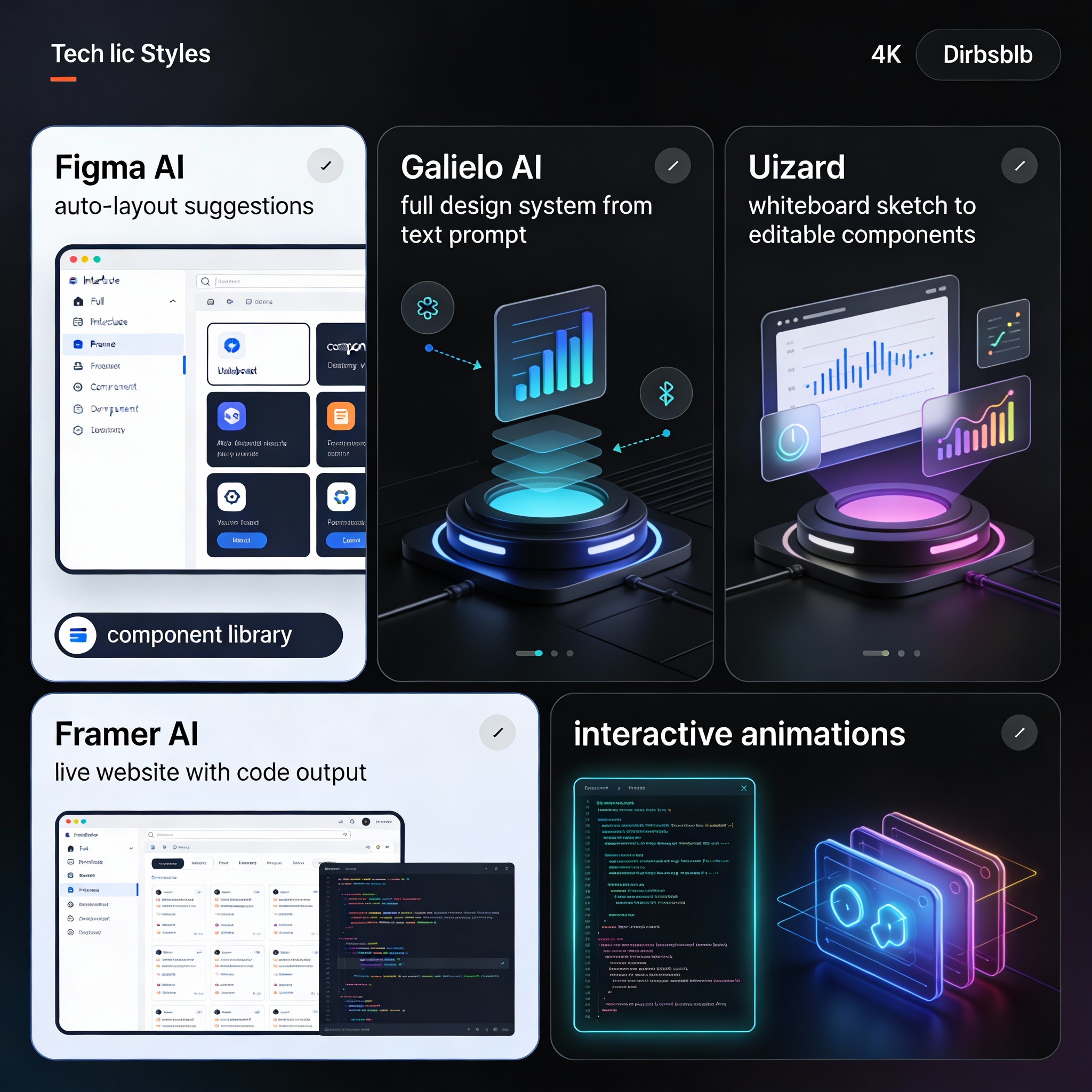 Overview of top AI UI/UX design tools 2026 featuring Figma AI, Galileo AI, Uizard, and Framer AI
