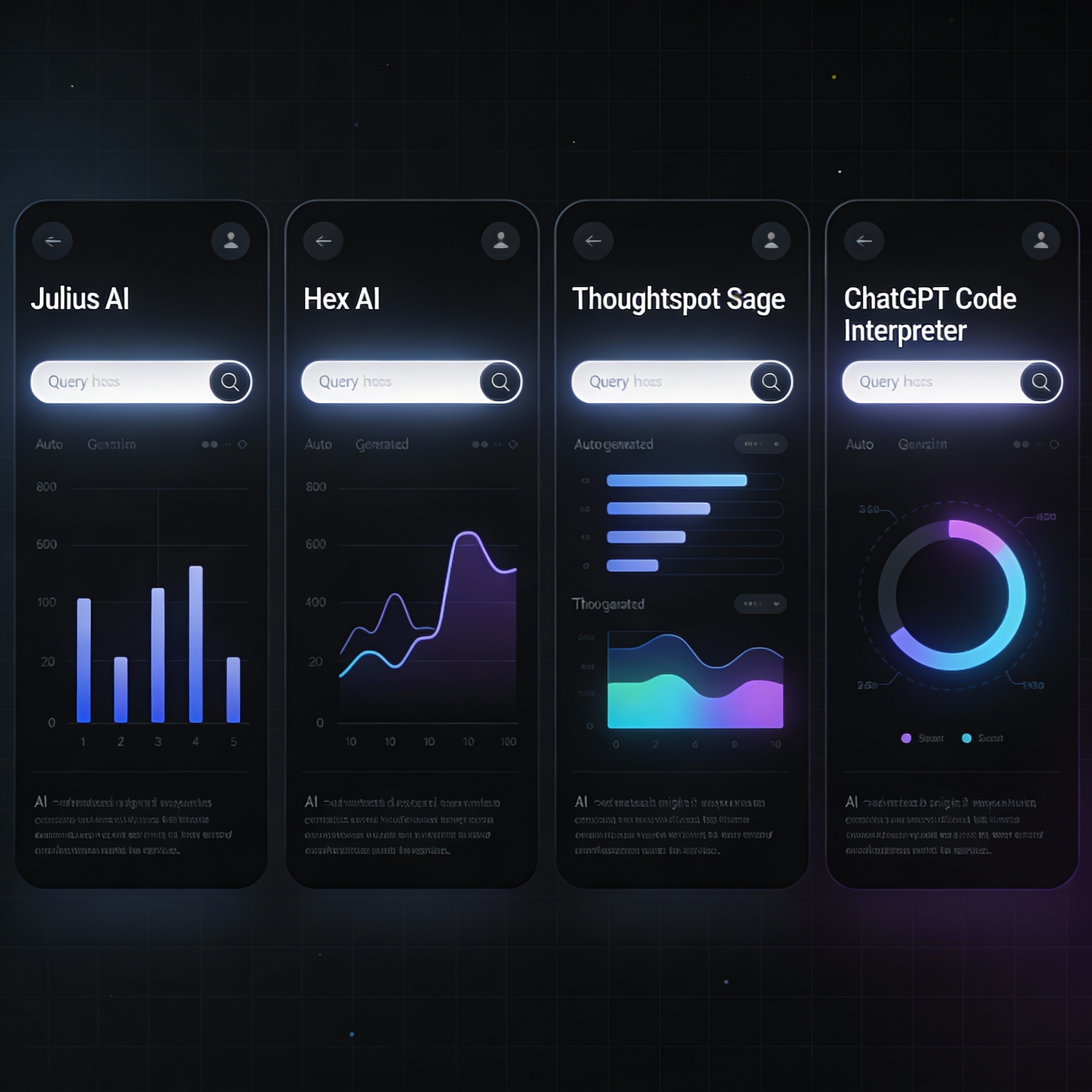 Comparative dashboard illustration of top AI data analysis tools—Julius AI, Hex AI, Thoughtspot Sage, and ChatGPT Code Interpreter—showing query inputs, auto‑generated charts, and AI insights for SEO keyword “AI data analysis tool comparison”
