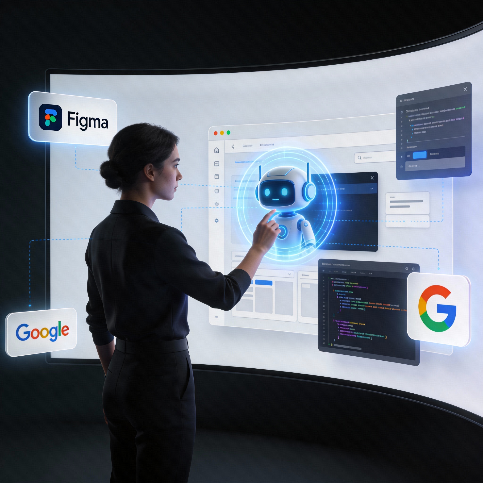 AI-powered UI design workflow illustration showing a designer speaking to an AI that generates UI components, featuring Figma and code icons