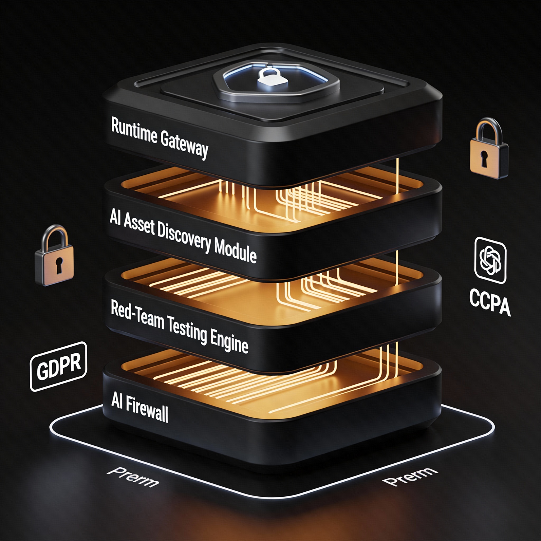 Layered AI security architecture diagram illustrating runtime gateway, asset discovery, red‑team testing, and AI firewall ensuring data sovereignty