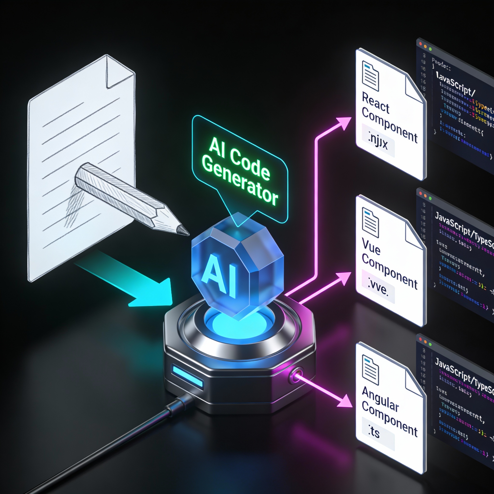 3D pipeline illustration showing AI converting a wireframe into clean React, Vue, and Angular code components